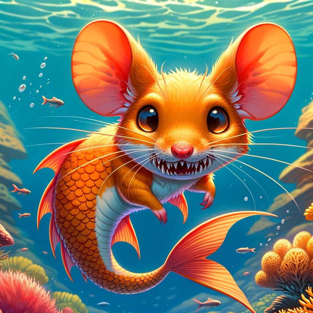 Orange Mousefolk Mermaid Swimming in Colorful Coral Reef