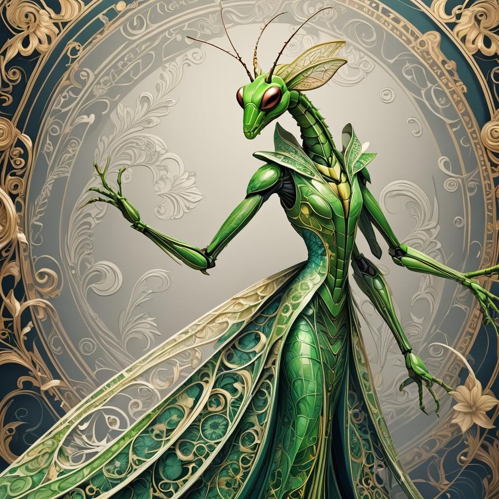 Praying Mantis in Versace Gown Illustration