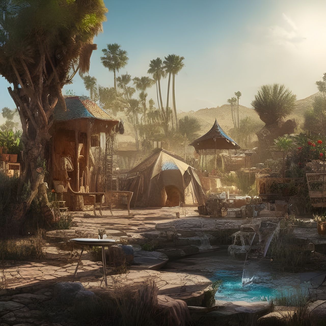 Lush Desert Oasis Nomadic Camp in Art Nouveau Style