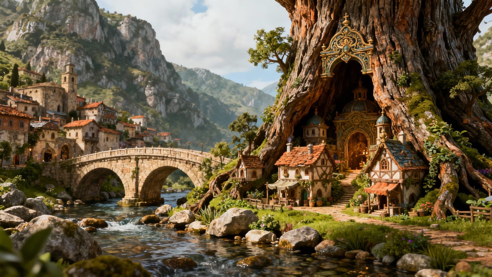 Fantasy Miniature Village in Tree Trunk Near Ancient Mountai...