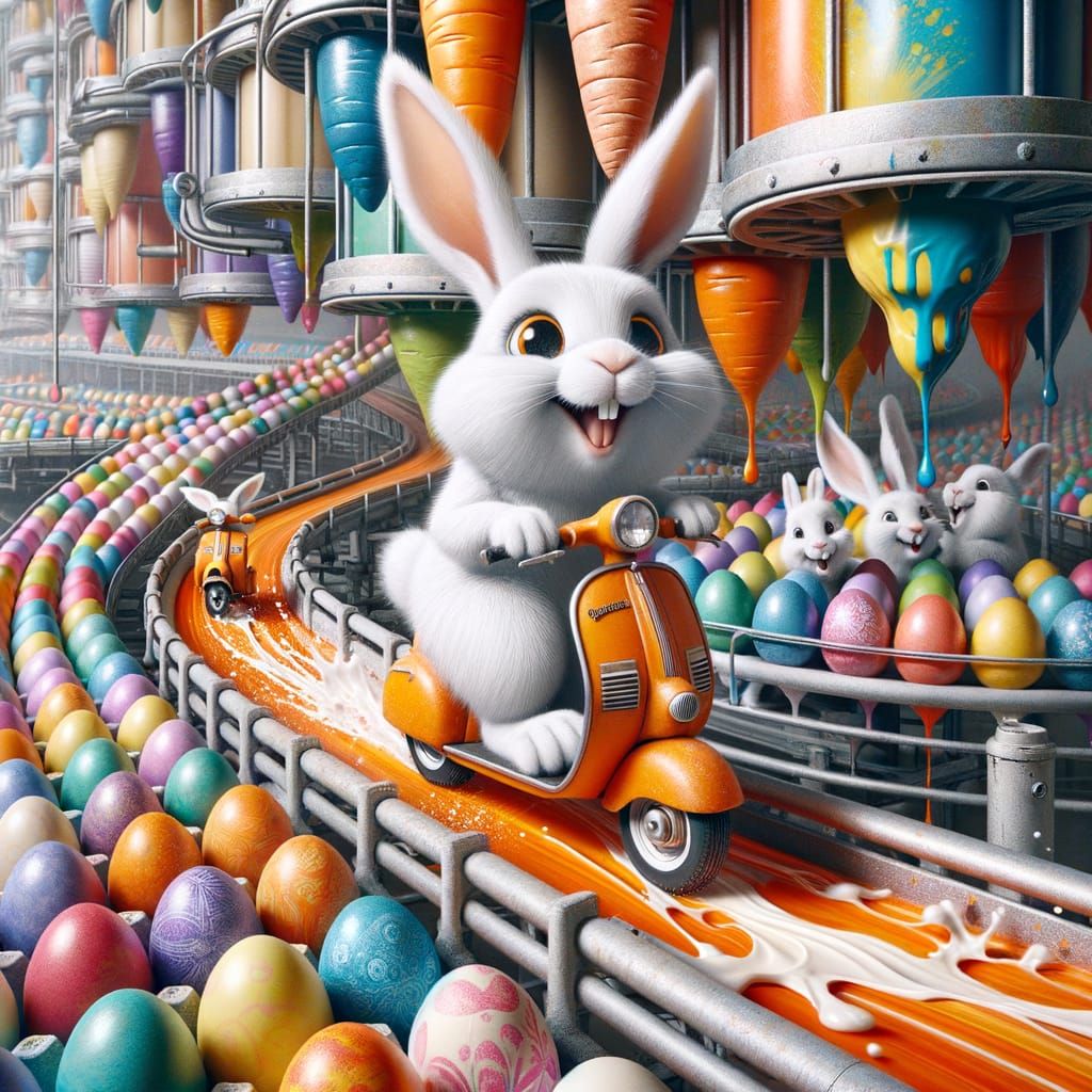 Whimsical Easter Bunny Factory in Vibrant Colors