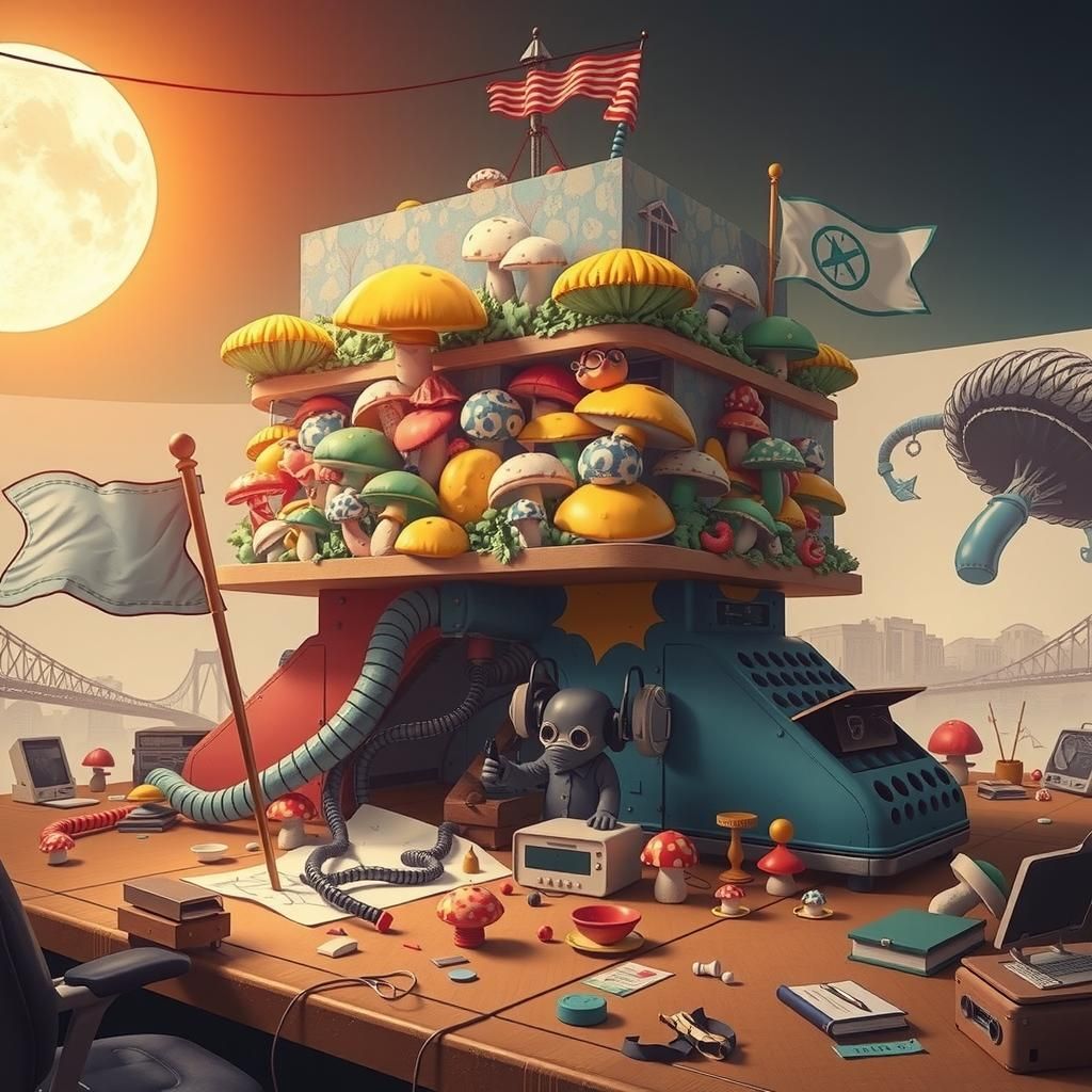 Whimsical Mushroom Convention in Mixed-Media Style