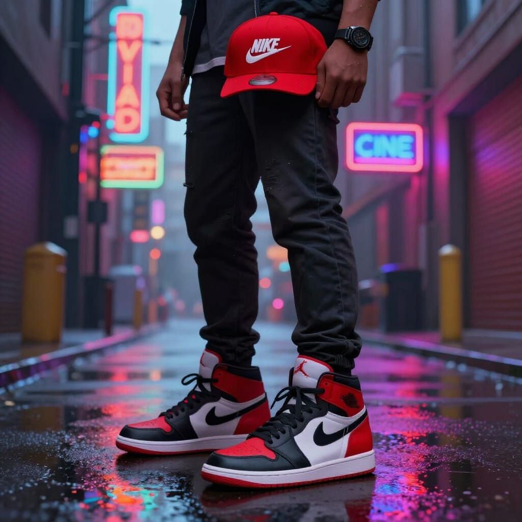 Miles Morales in Jordans and Nike Cap in Neon Alley