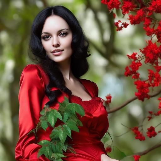 Woman in Silk Riding a Bird Among Flowers