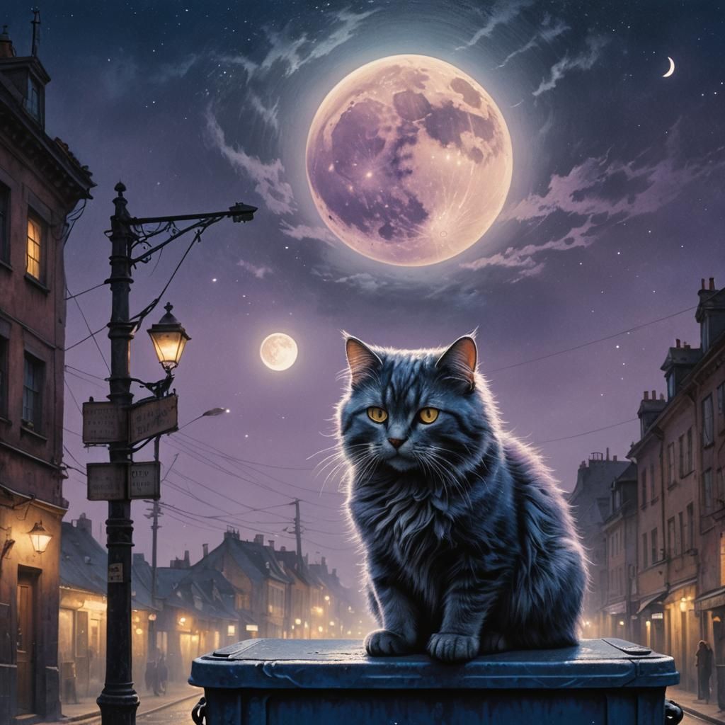 Cat Conjuring the Moon in Dreamlike Fantasy Art