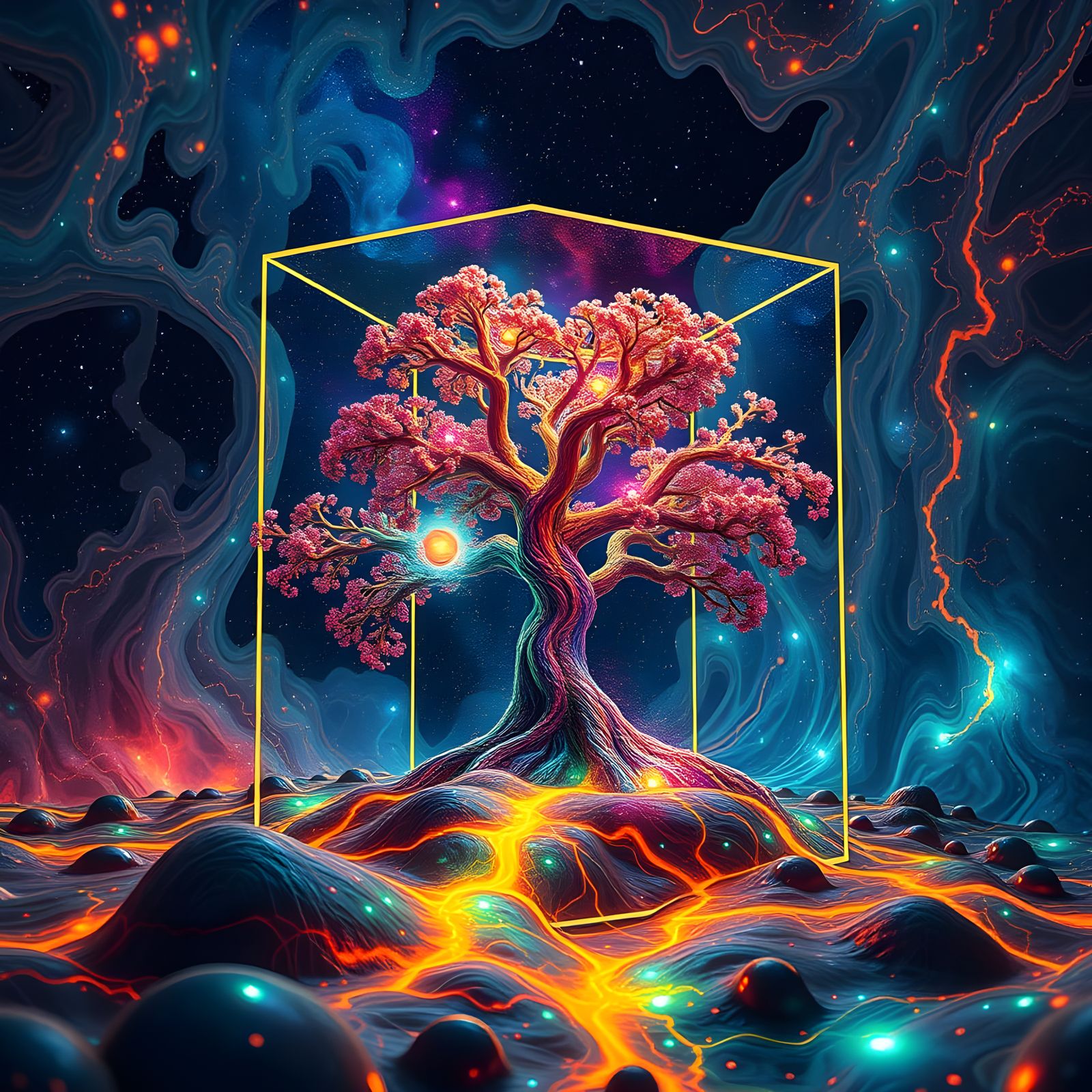 Surreal Cosmic Tree Trapped in Vibrant 4D Space