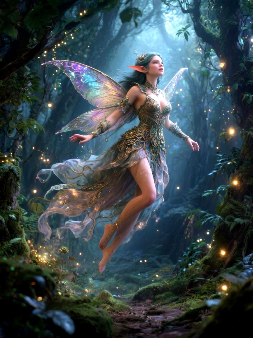 Busty Pixie Fairy in Enchanted Forest, Magic Realism