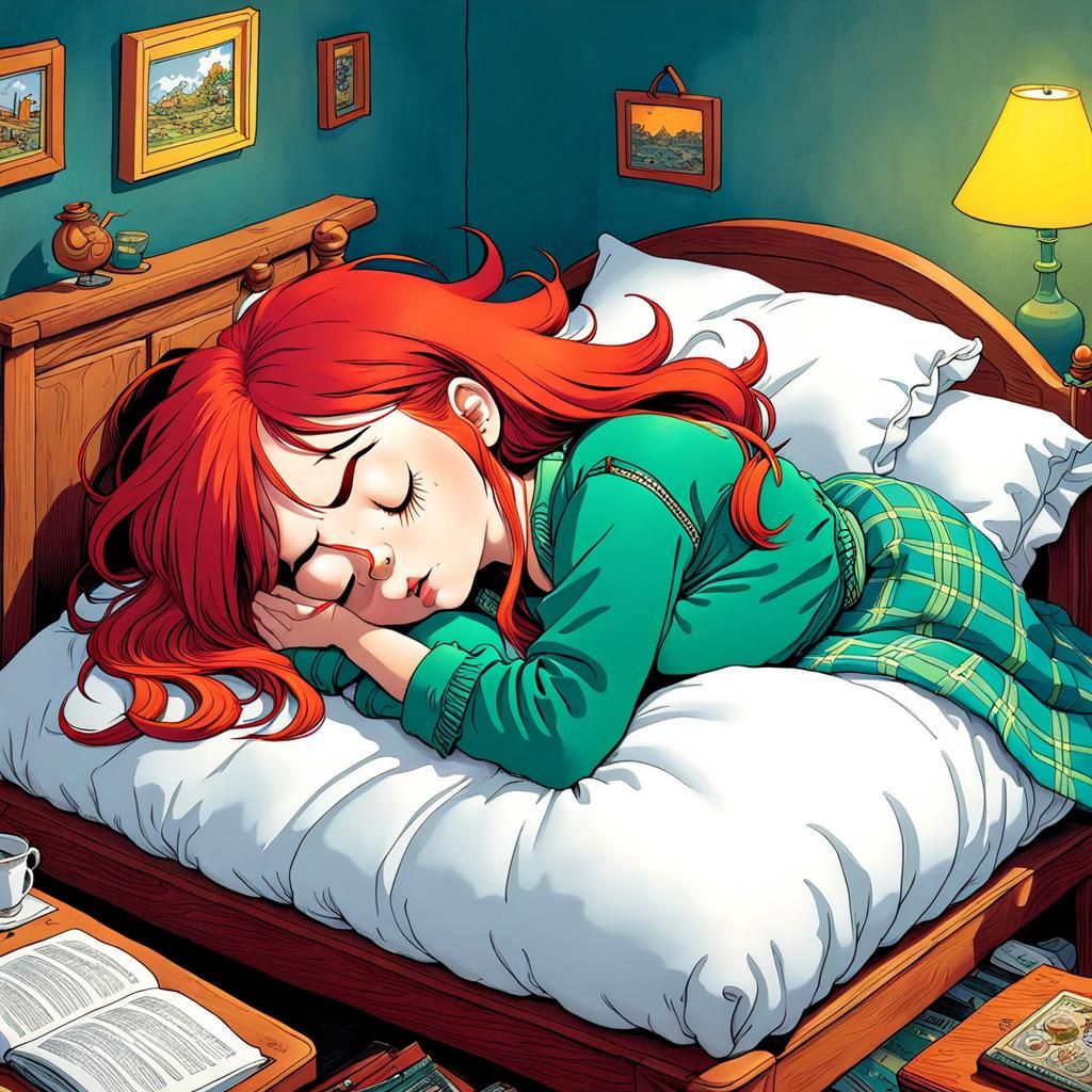Whimsical Girl with Red Hair Sleeps in Vibrant Digital Art