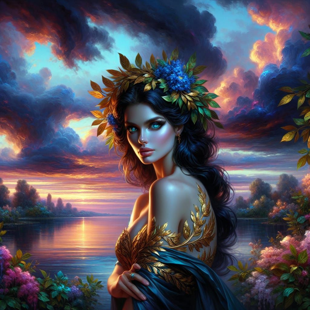 Goddess with Sapphire Eyes in Sunset Landscape
