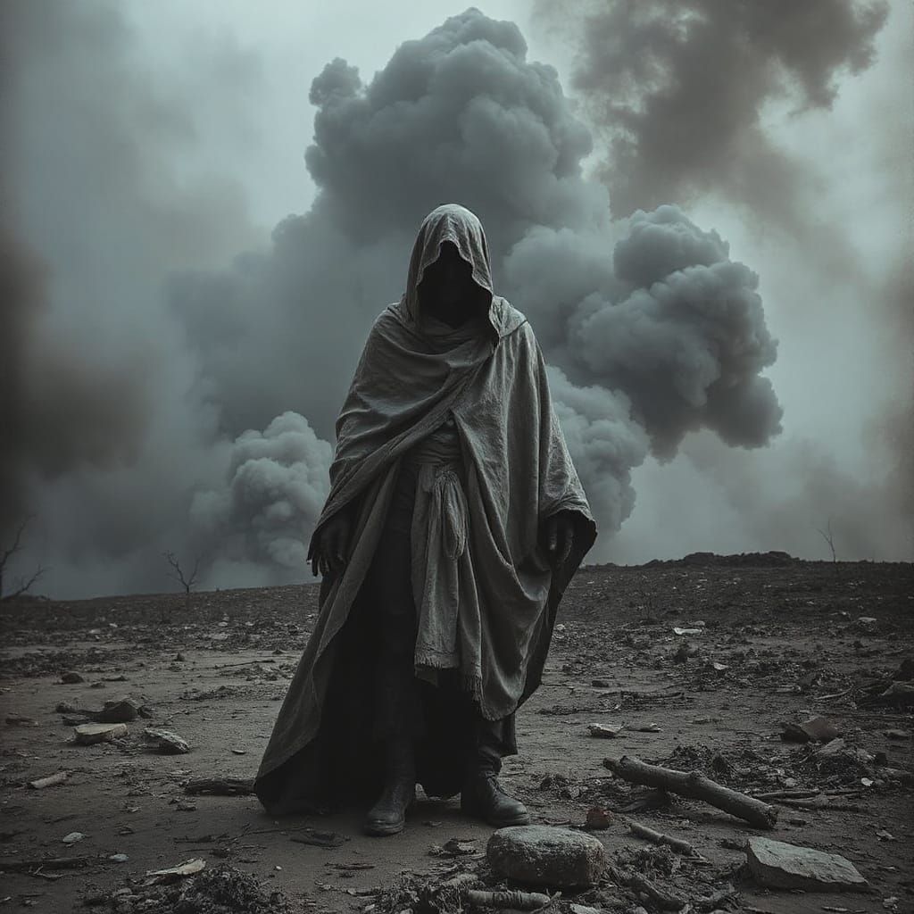 Desolate Figure in Ash Wasteland: Haunting Realism