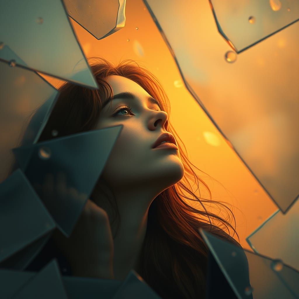 Contemplative Woman Surrounded by Fractured Glass