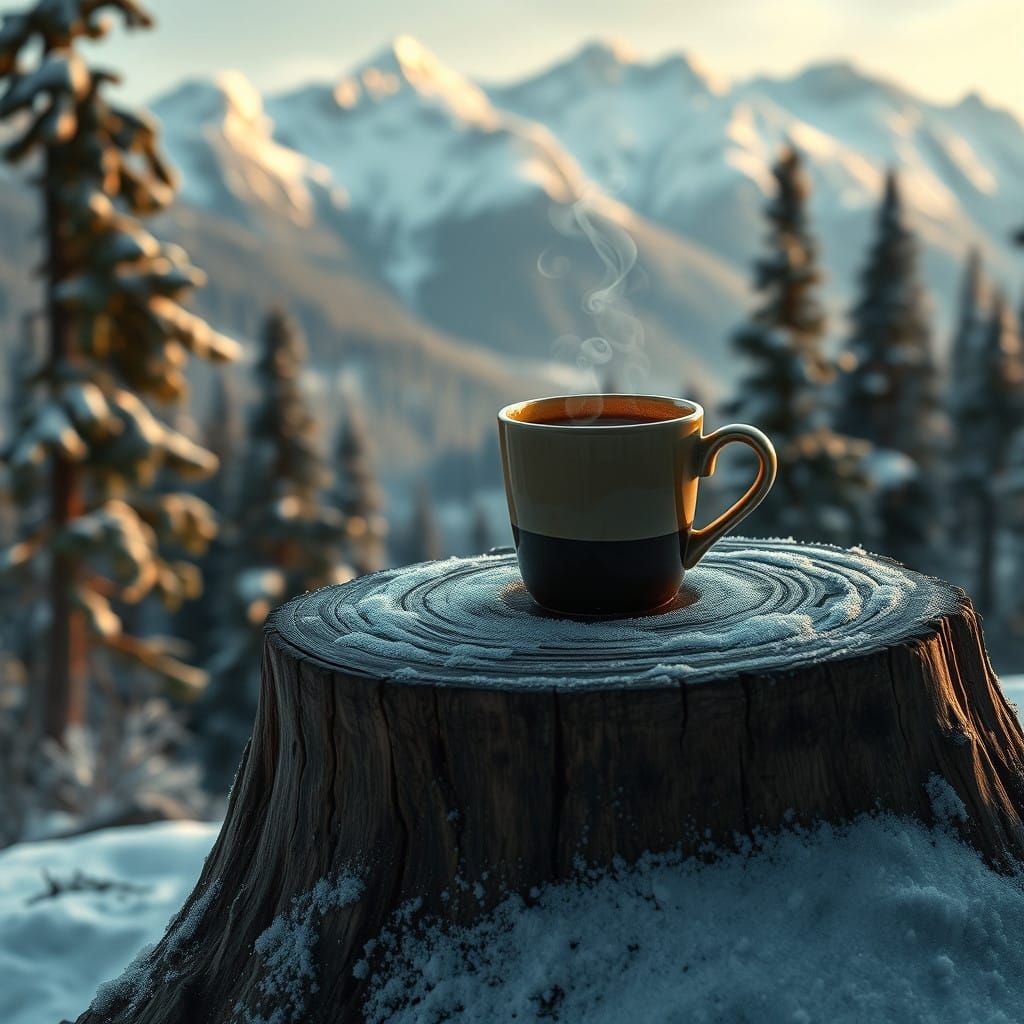 Coffee on a Snowy Forest Stump in Moody Winter Landscape