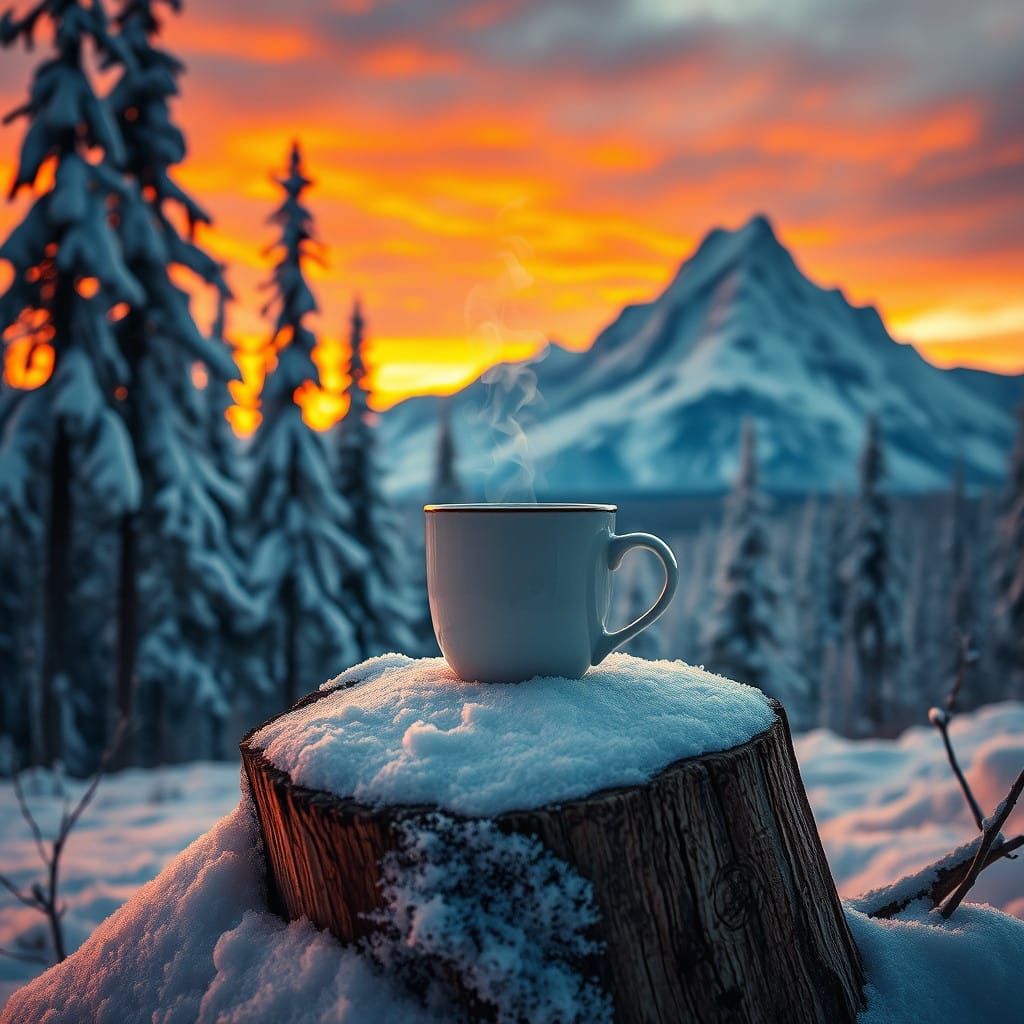 Winter Wonderland Coffee Scene in Hyperrealistic Style