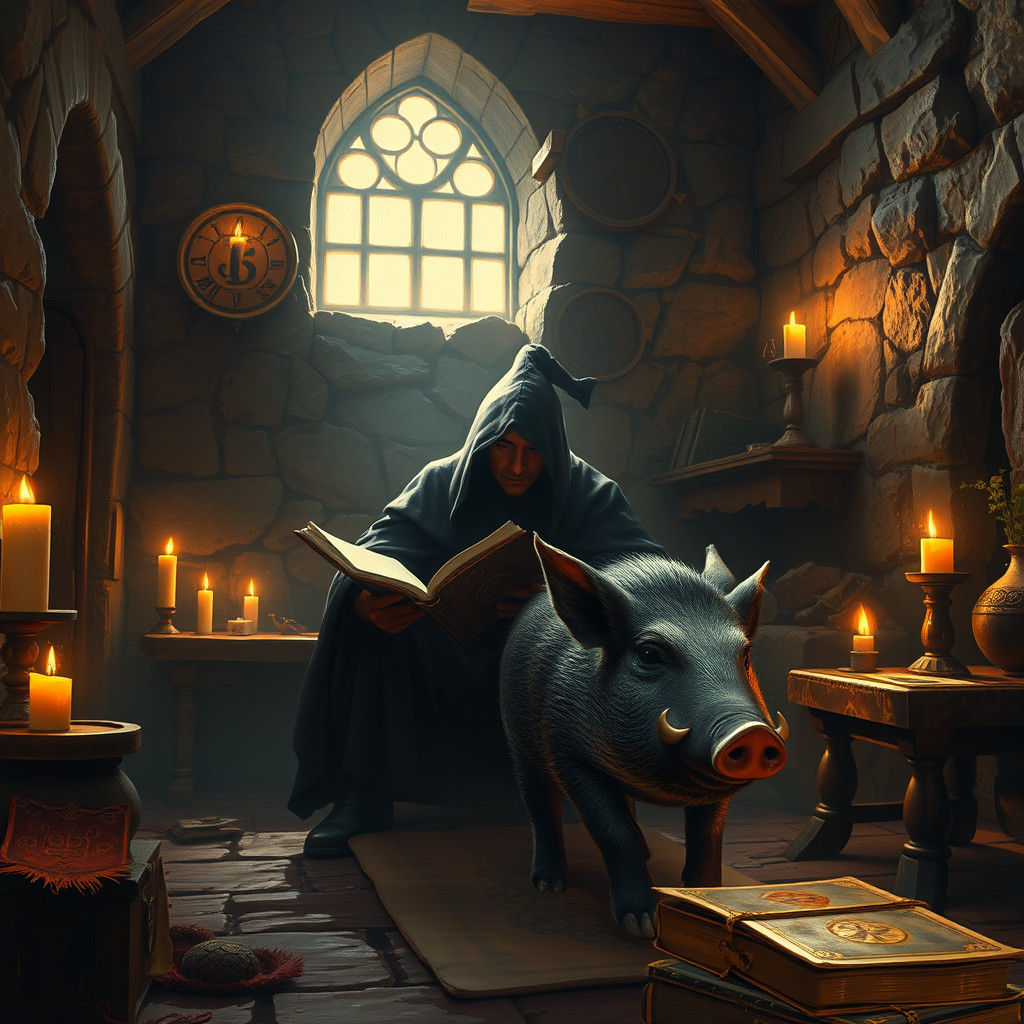 Medieval Reader with Pig, Matte Painting Style