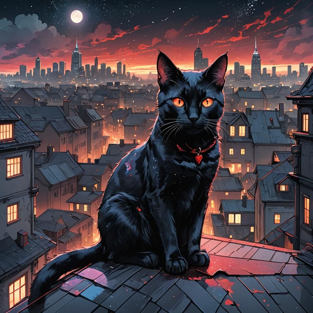 Black Cat on Roof: Dark Fantasy Anime Illustration