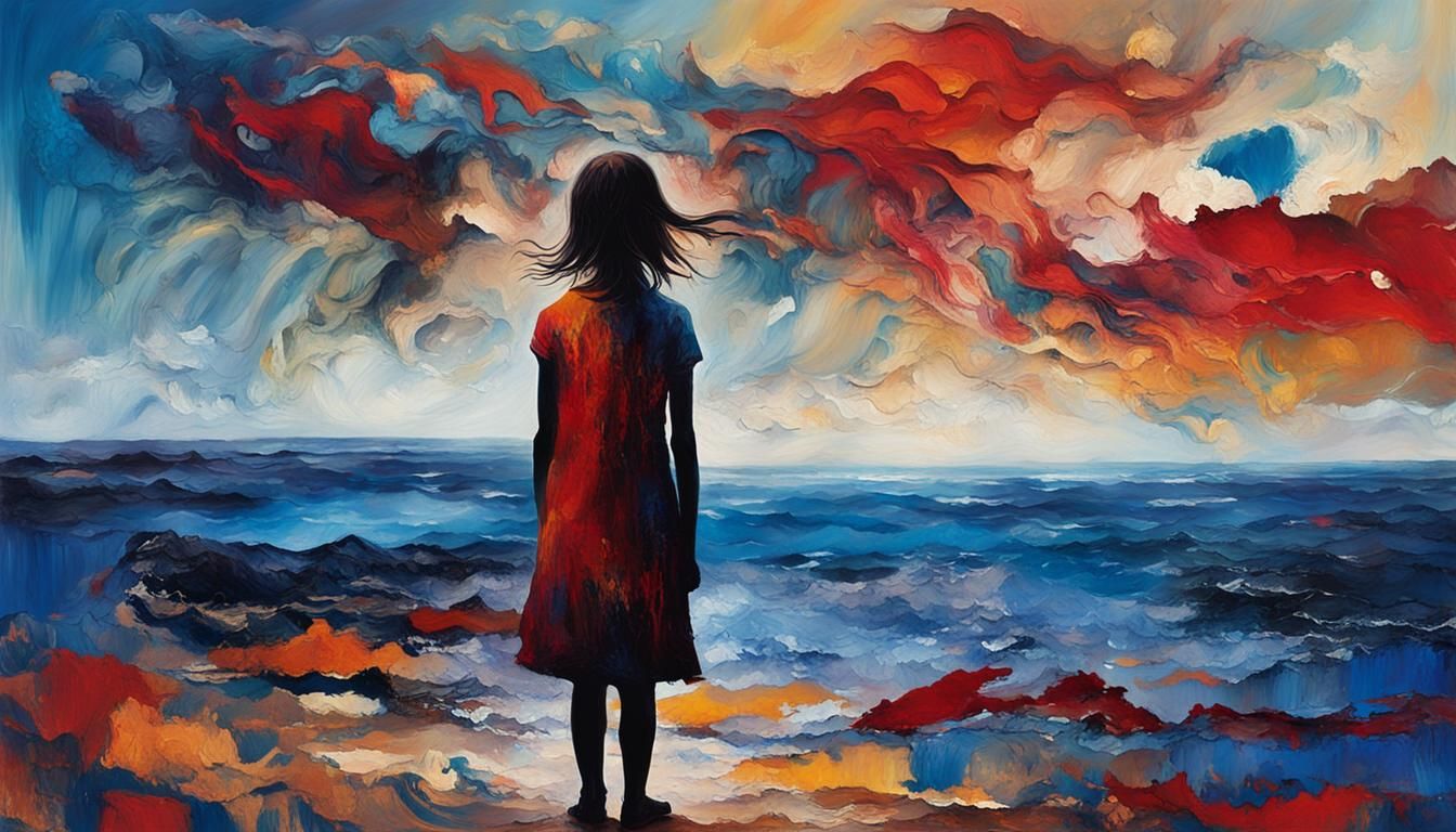 Girl's Anguish by the Sea: An Impasto Painting