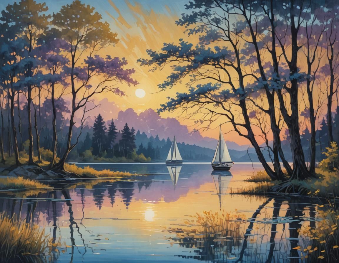 Mystical Sunset Lake Scene in Illustration Style