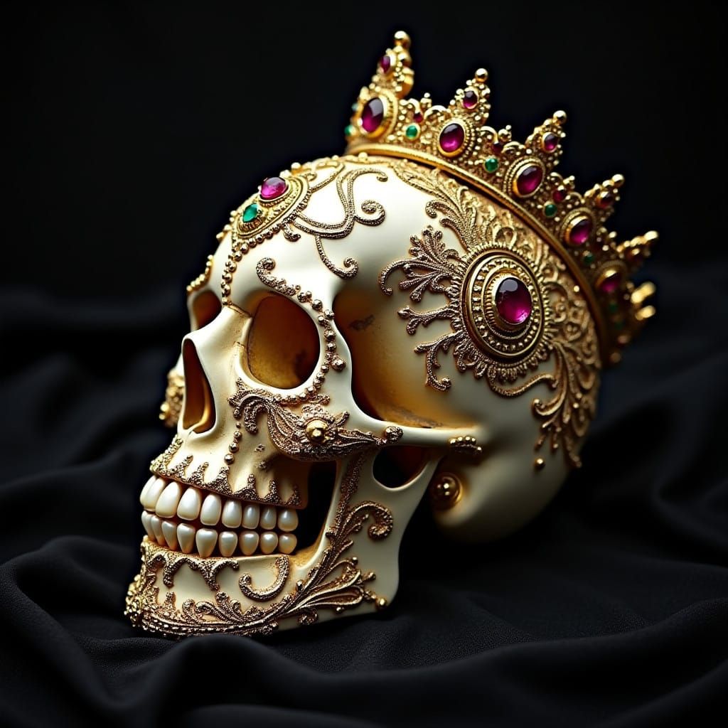 Golden Marie Antoinette Skull Adorned with Rubies and Pearls