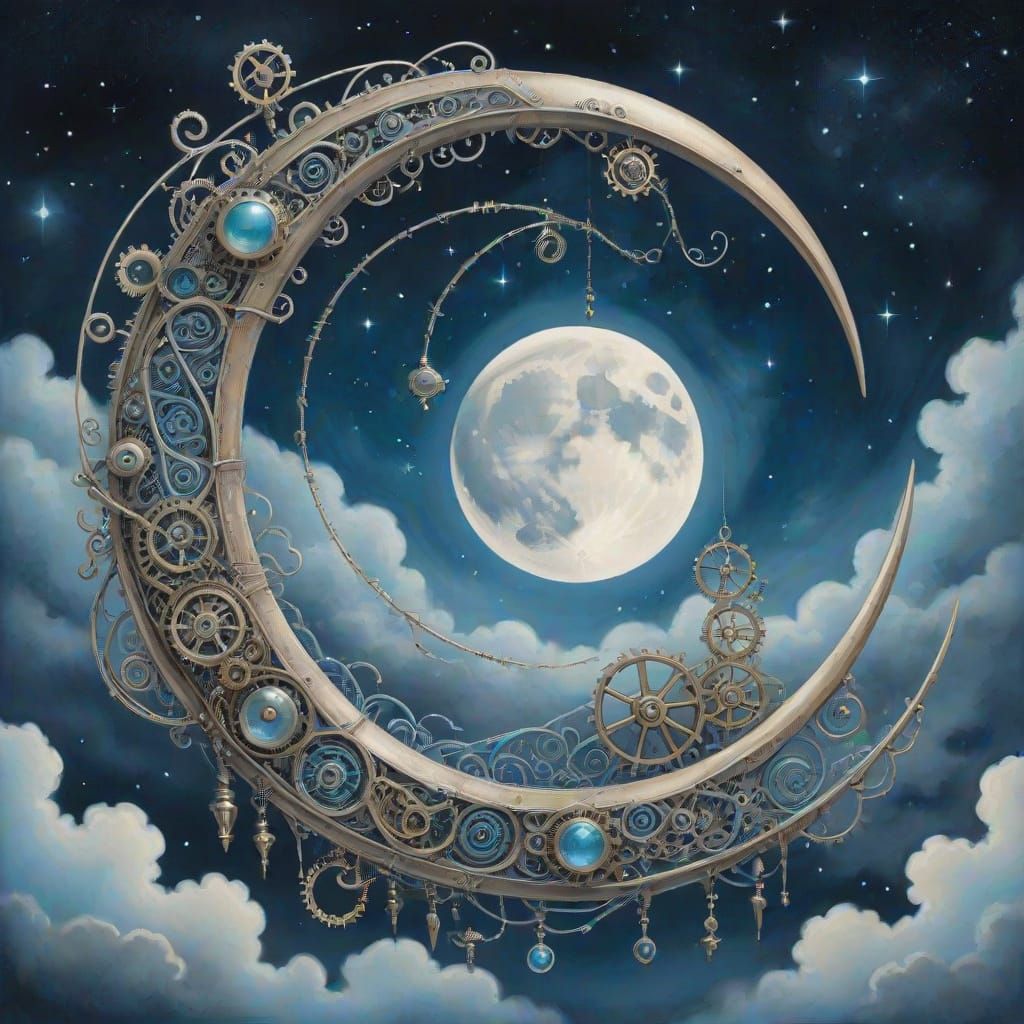 Steampunk Crescent Moon in Velvet Night Sky