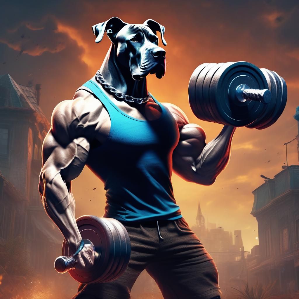 Muscular Great Dane Lifting Weights: Detailed Matte Painting