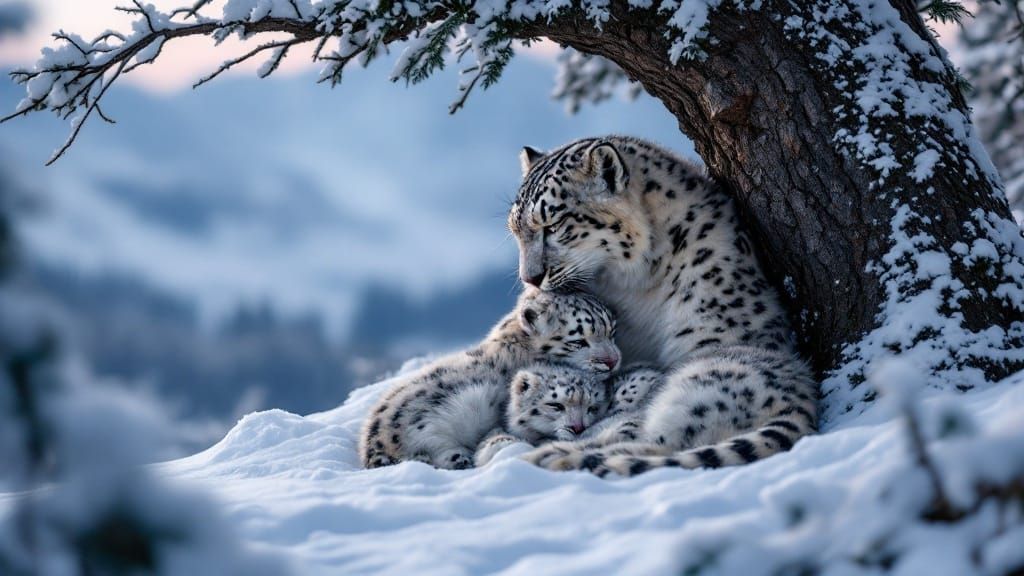 Snow Leopard Mother Tends to Her Cublets in Twilight Mountai...