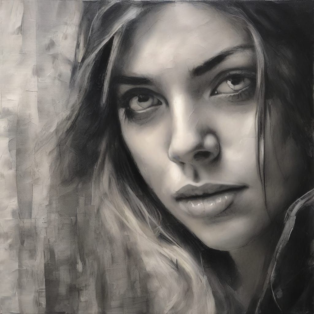 Contemplative Woman: Charcoal Sketch Portrait on Black