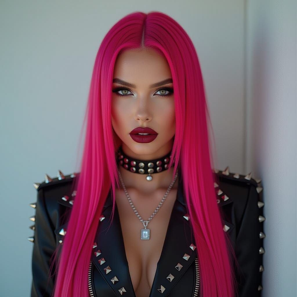 Dramatic Pink Haired Portrait with Studded Outfit
