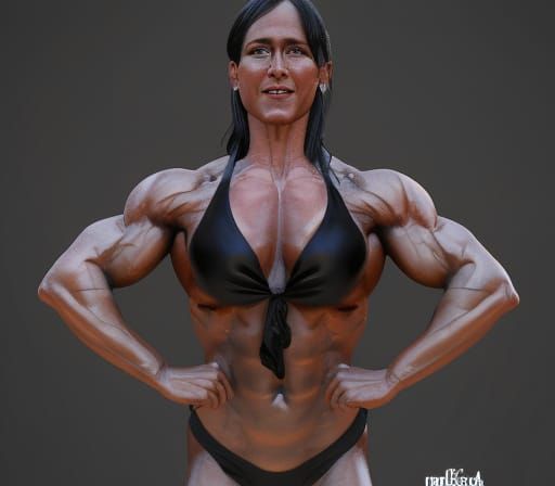 Female Bodybuilder Posing in Black Bikini: Detailed Render