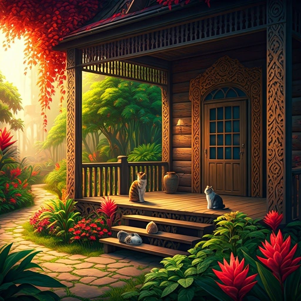 Whimsical Feline Estate in Enchanted Garden