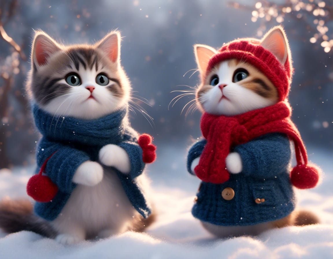 Kittens in Winter Clothes, Hyperdetailed Portrait