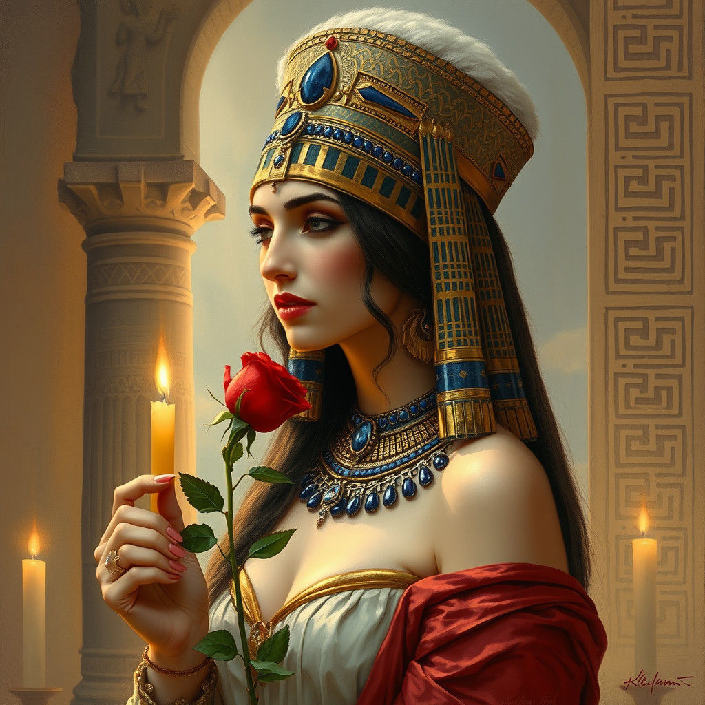 Egyptian Goddess in Golden Headdress with Red Rose