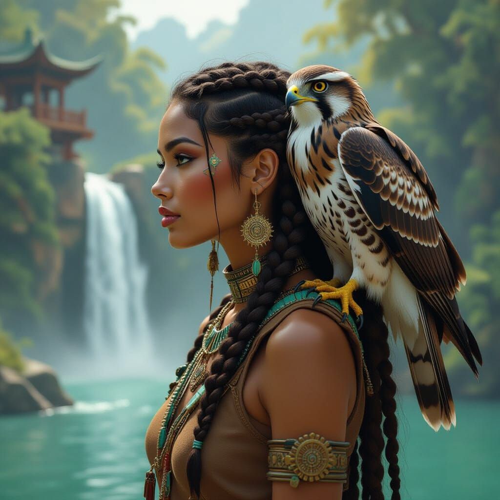 Mystical Steampunk Woman with Hawk, in Mystical Realism Styl...