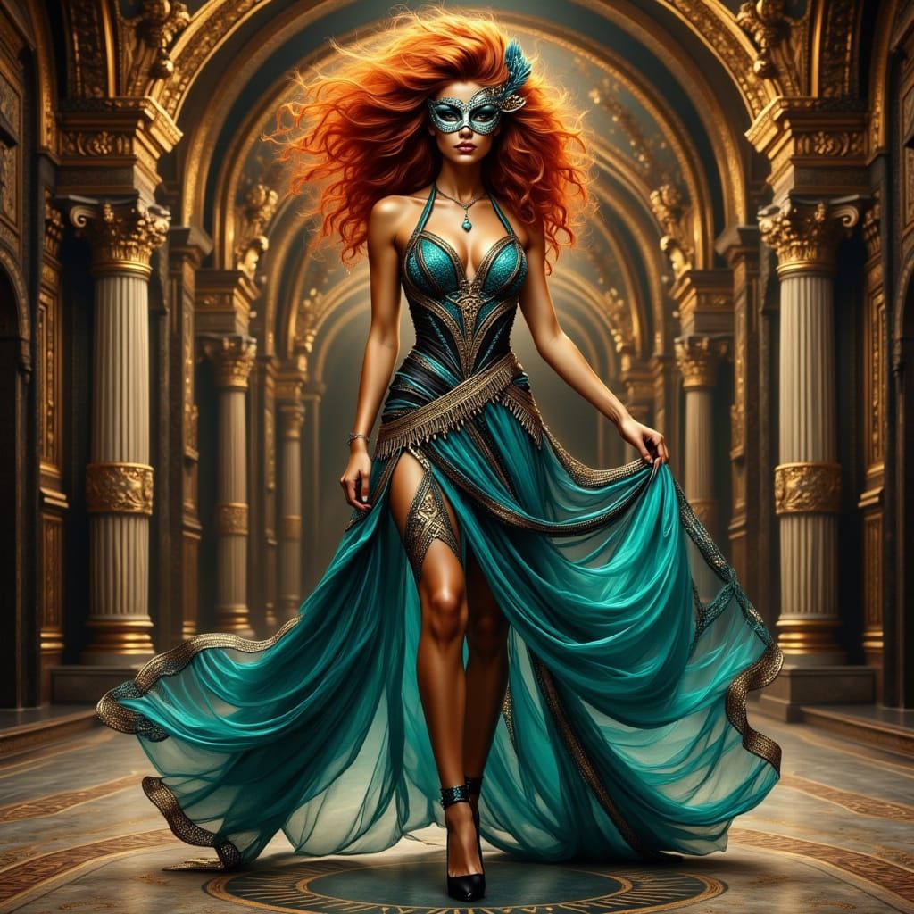 Opulent Woman in Grand Hall as Art Nouveau Illustration