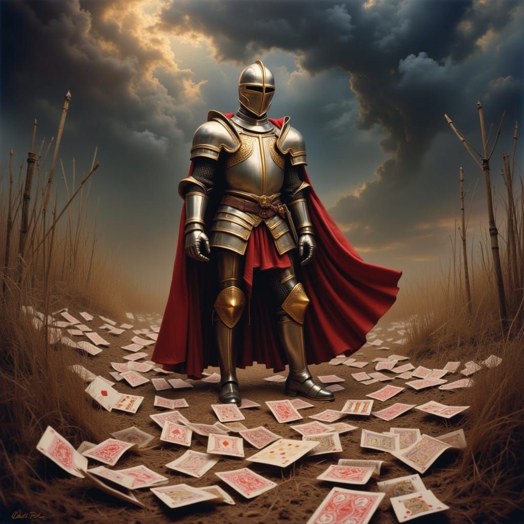 Knight in Playing Card Armor on Battlefield