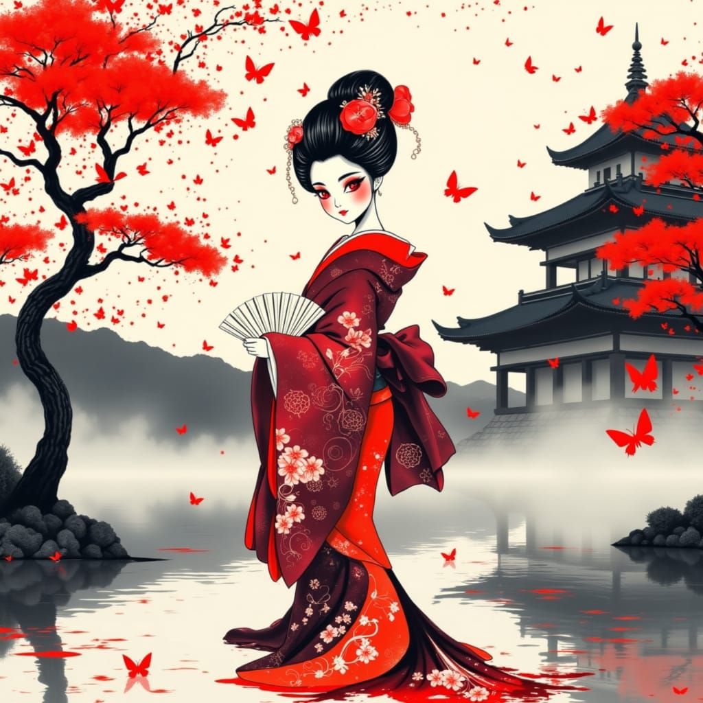 Serene Geisha Amidst Nijo Castle and Garden