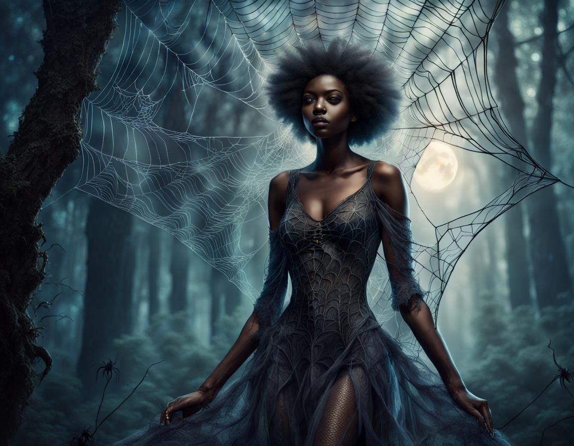 Ethereal Spiderweb Goddess in Dark Fantasy Moonscape