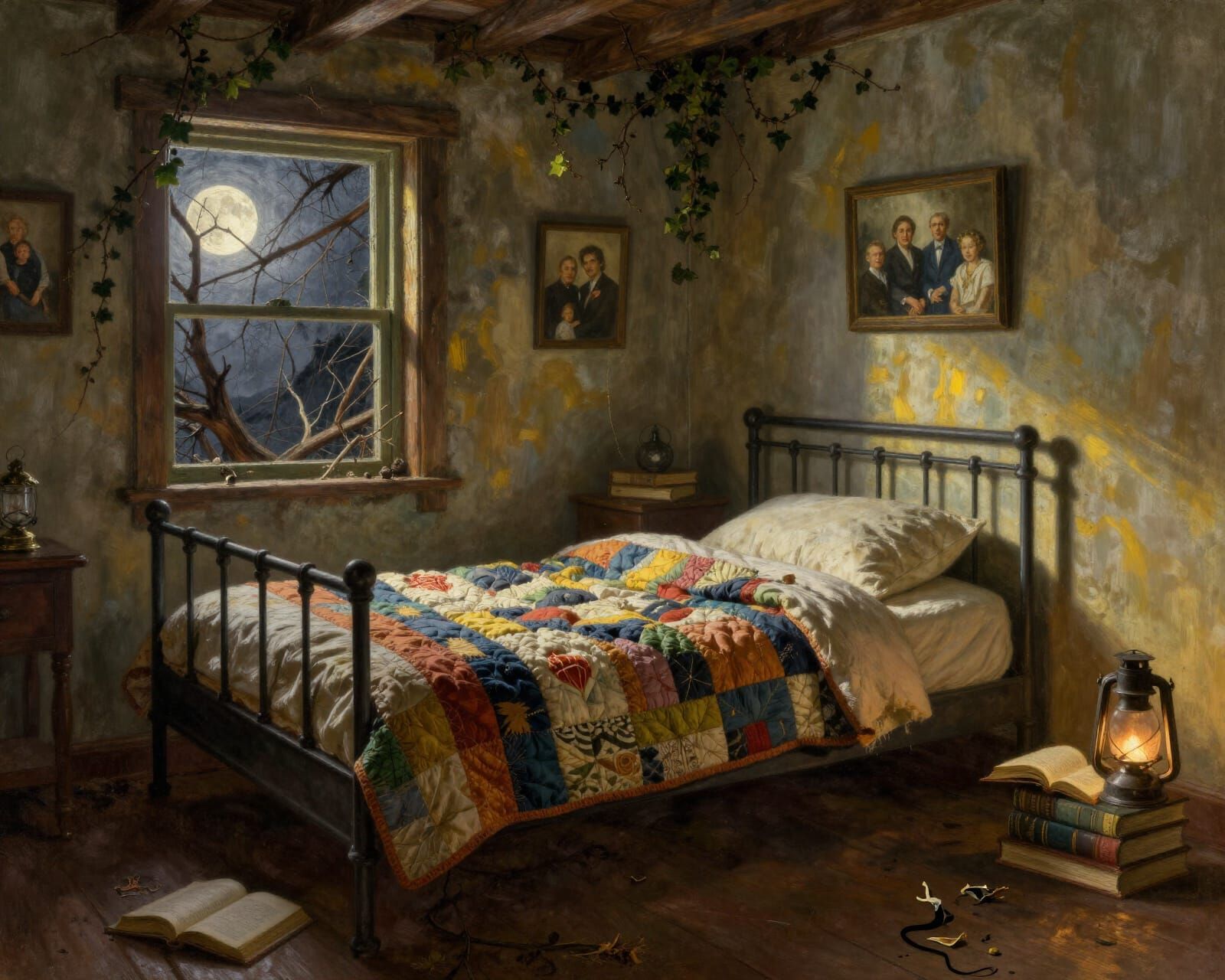 Neatly Made Bed in Gloomy Cosmic Room with Crashing Branches