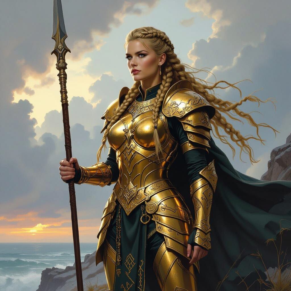 A majestic Valkyrie warrior stands on a windswept cliff, cla...