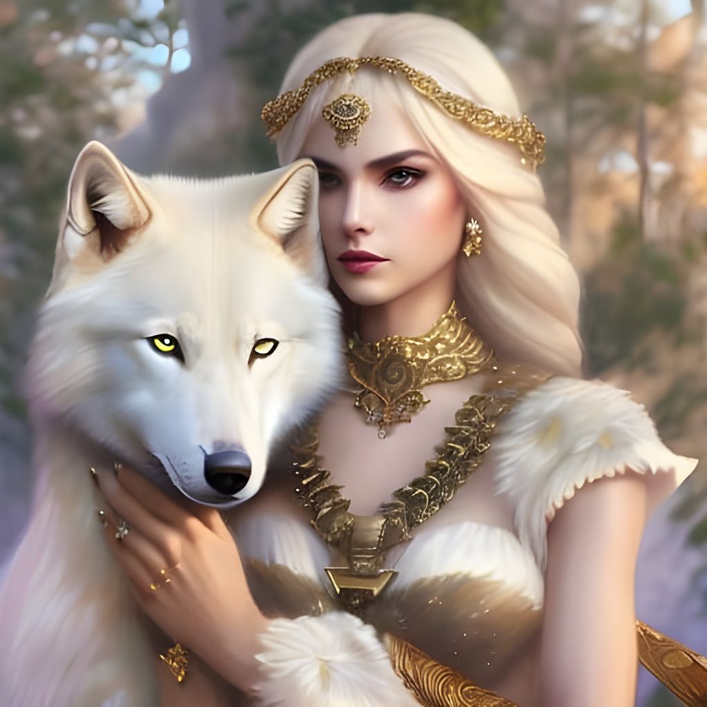 Queen 👑 in a white dress holding a white wolf 🐺
