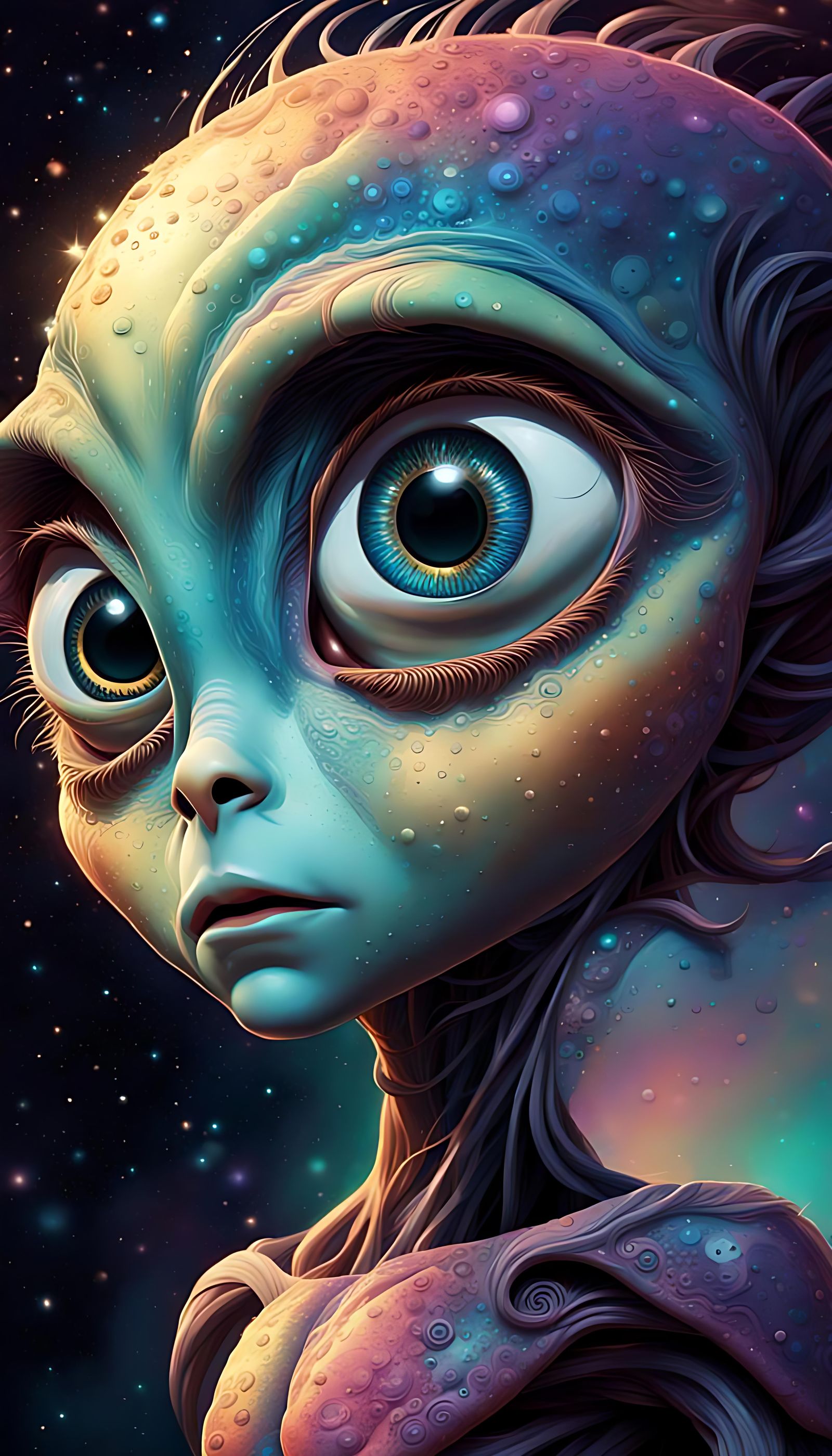 Hyperrealistic Alien with Big Eyes in Splash Art Style