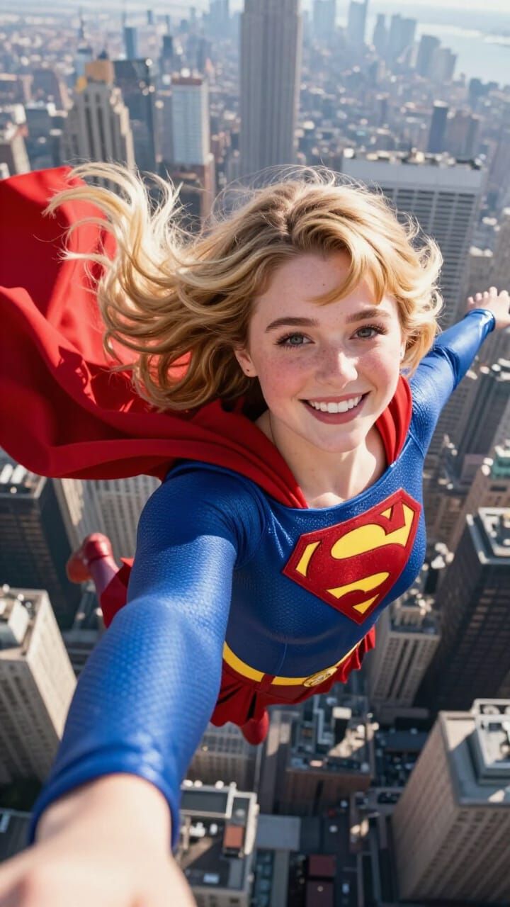 Supergirl Selfie Over Manhattan in Realistic Photojournalism...