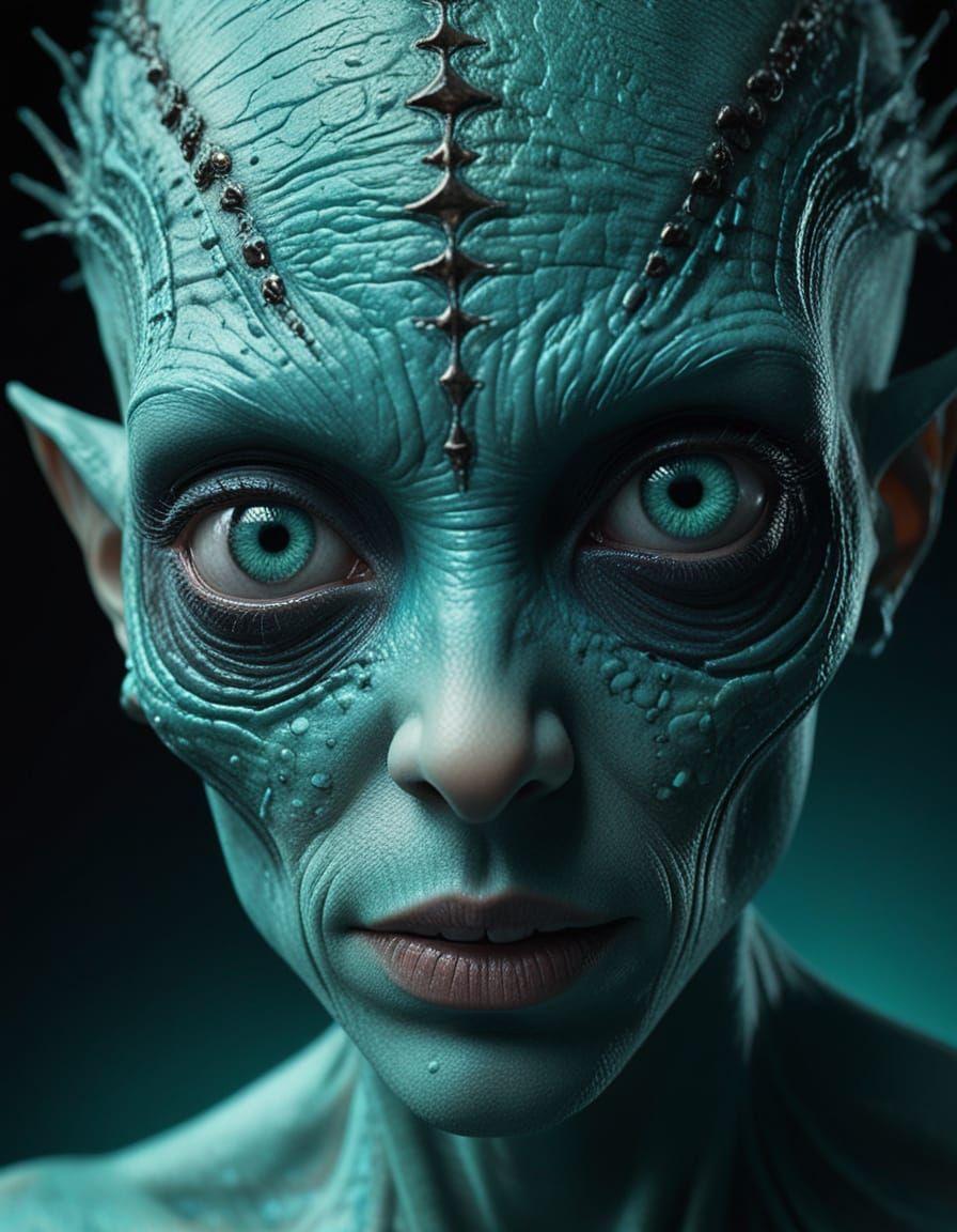 Elegant Turquoise Alien Portrait in Hyperrealistic Style