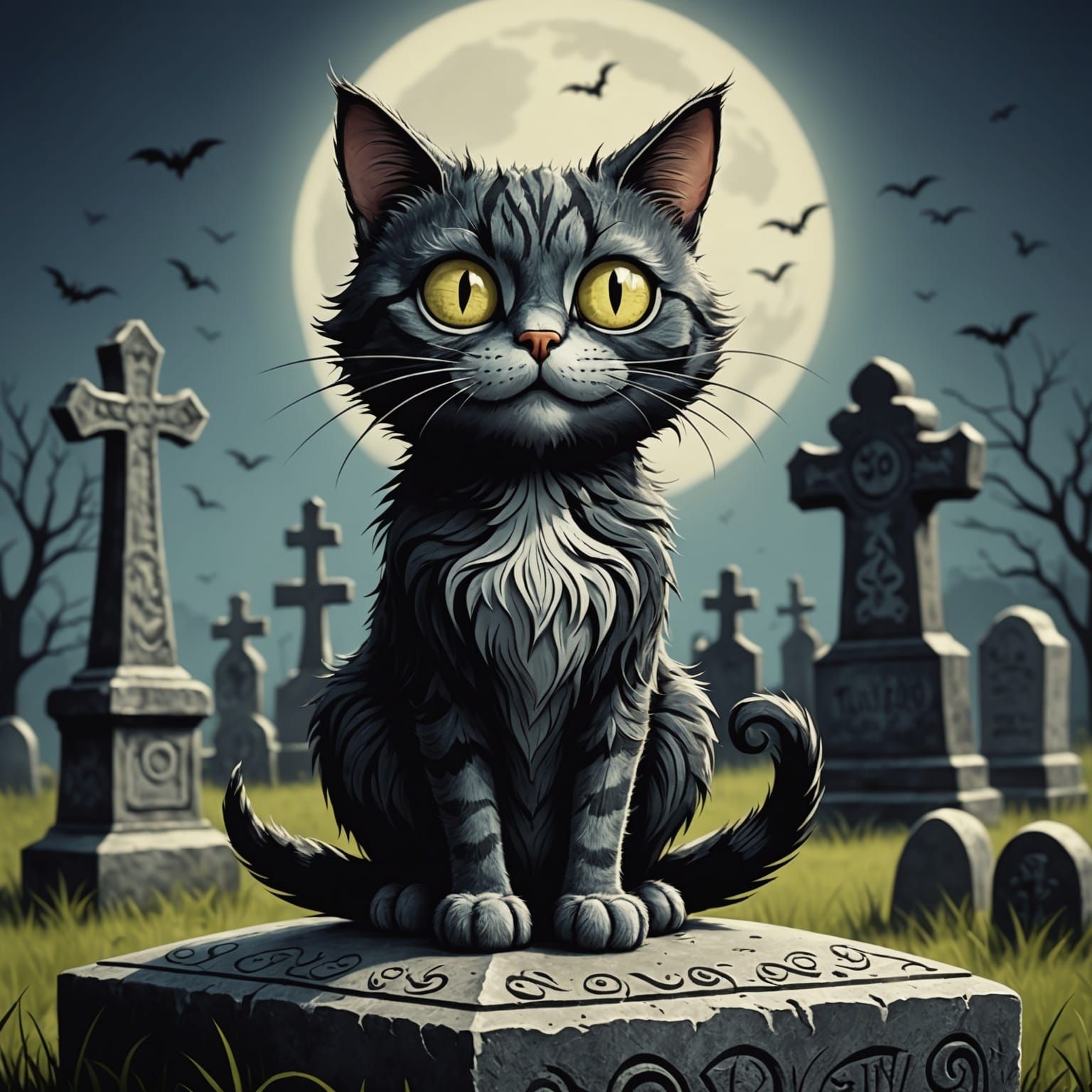 Smiling Black Cat on Tombstone in Cartoon Style