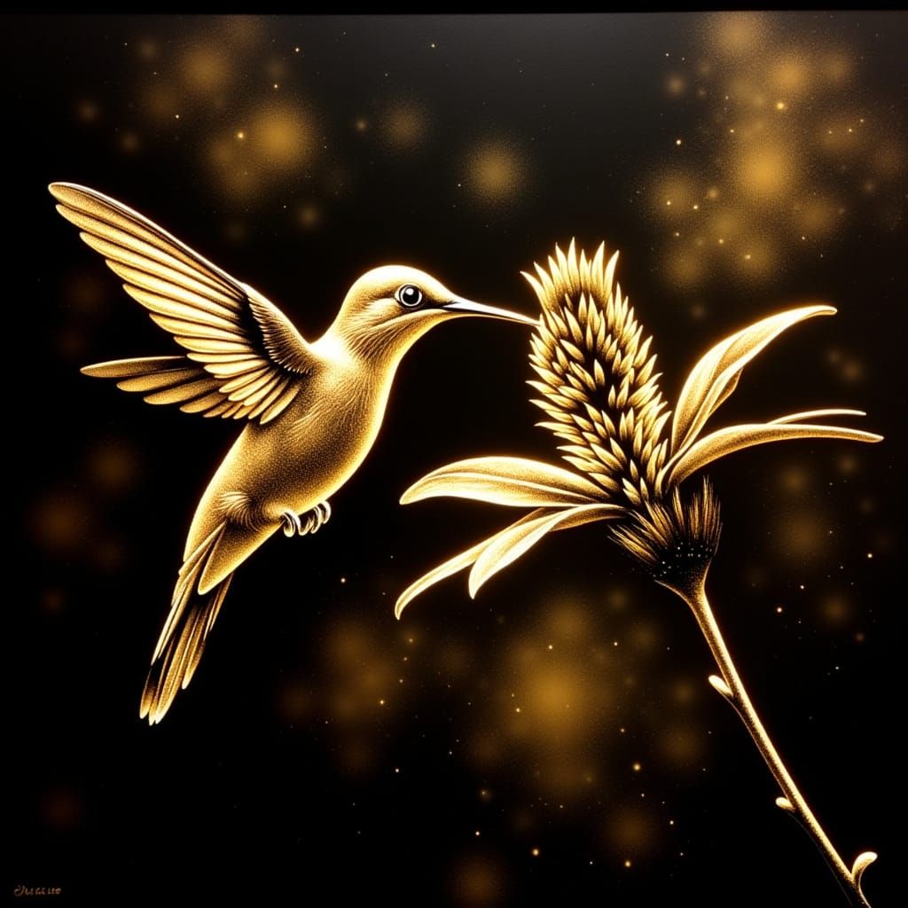 Blacklit Hummingbird in Gold Tones