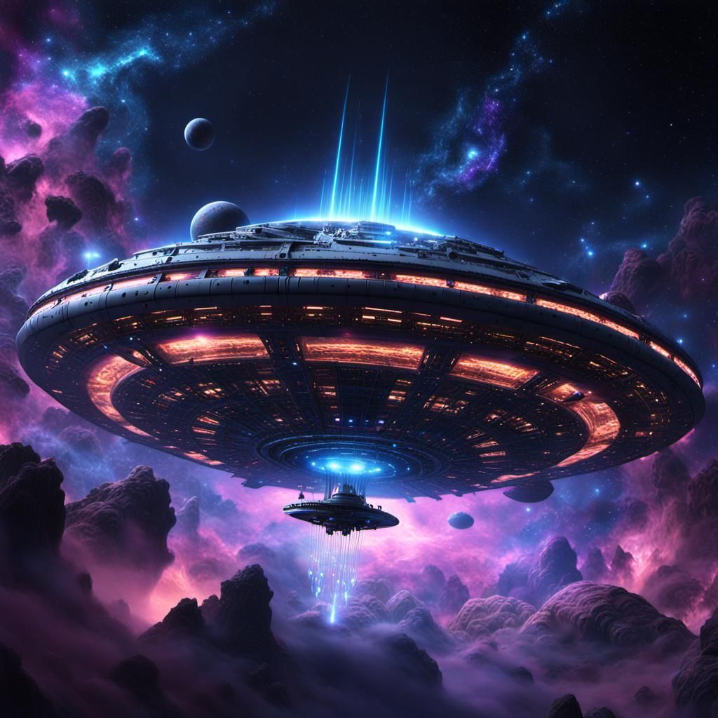Alien Mothership Emerges from Nebula: Cosmic Matte Painting