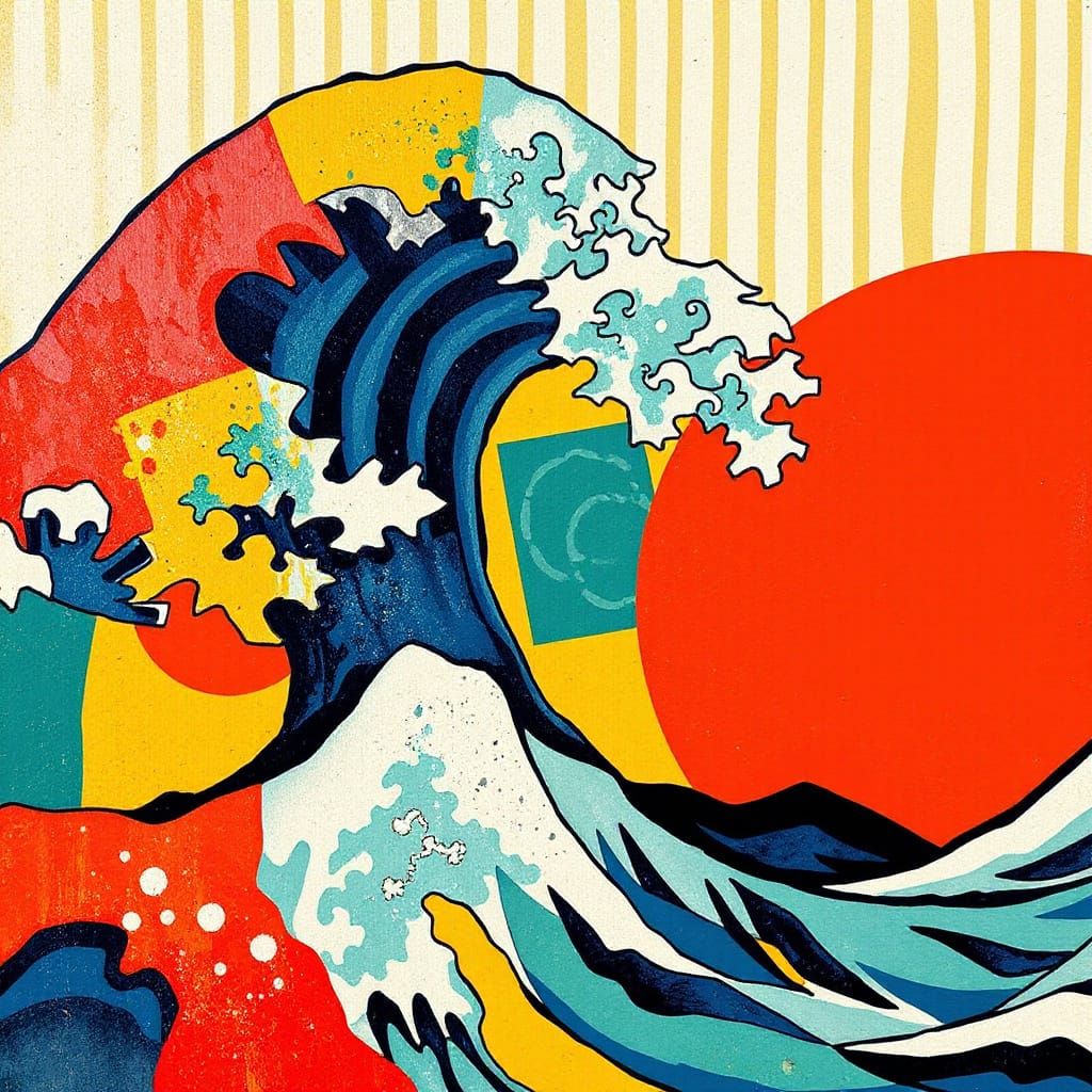 Vibrant Abstract Woodblock Style Painting With Bold Shapes