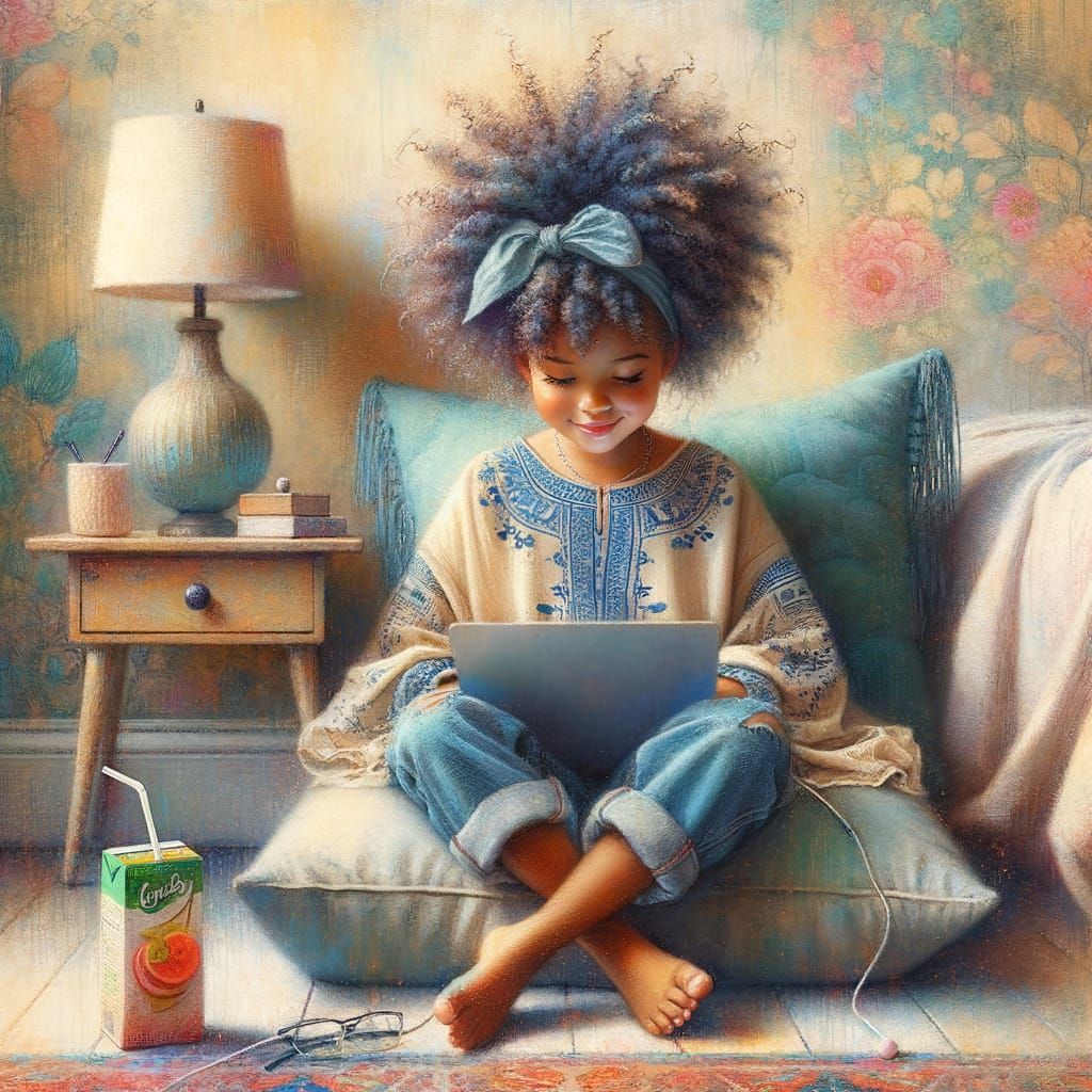 Whimsical Encaustic Portrait of a Young Girl in a Cozy Bedro...