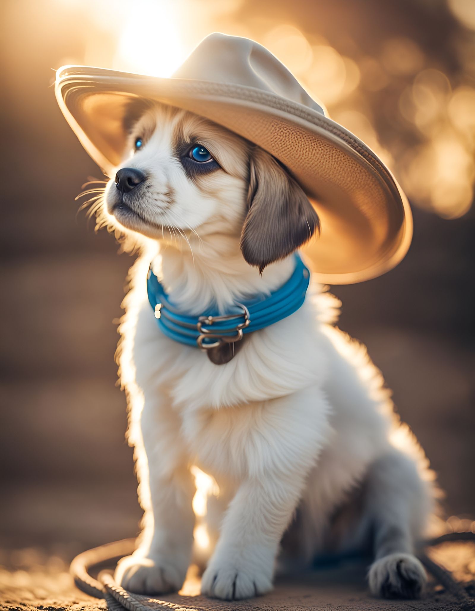 Blue-Eyed Puppy in Cowboy Hat, Heavenly Light