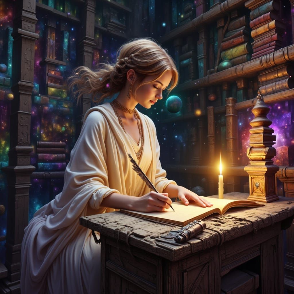 Ethereal Cosmic Scribe Writes in a Mystical Library