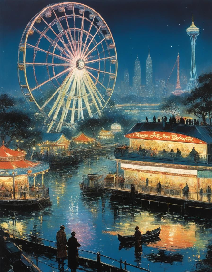 Fluorescent Cityscape: Glowing Amusement Park at Night